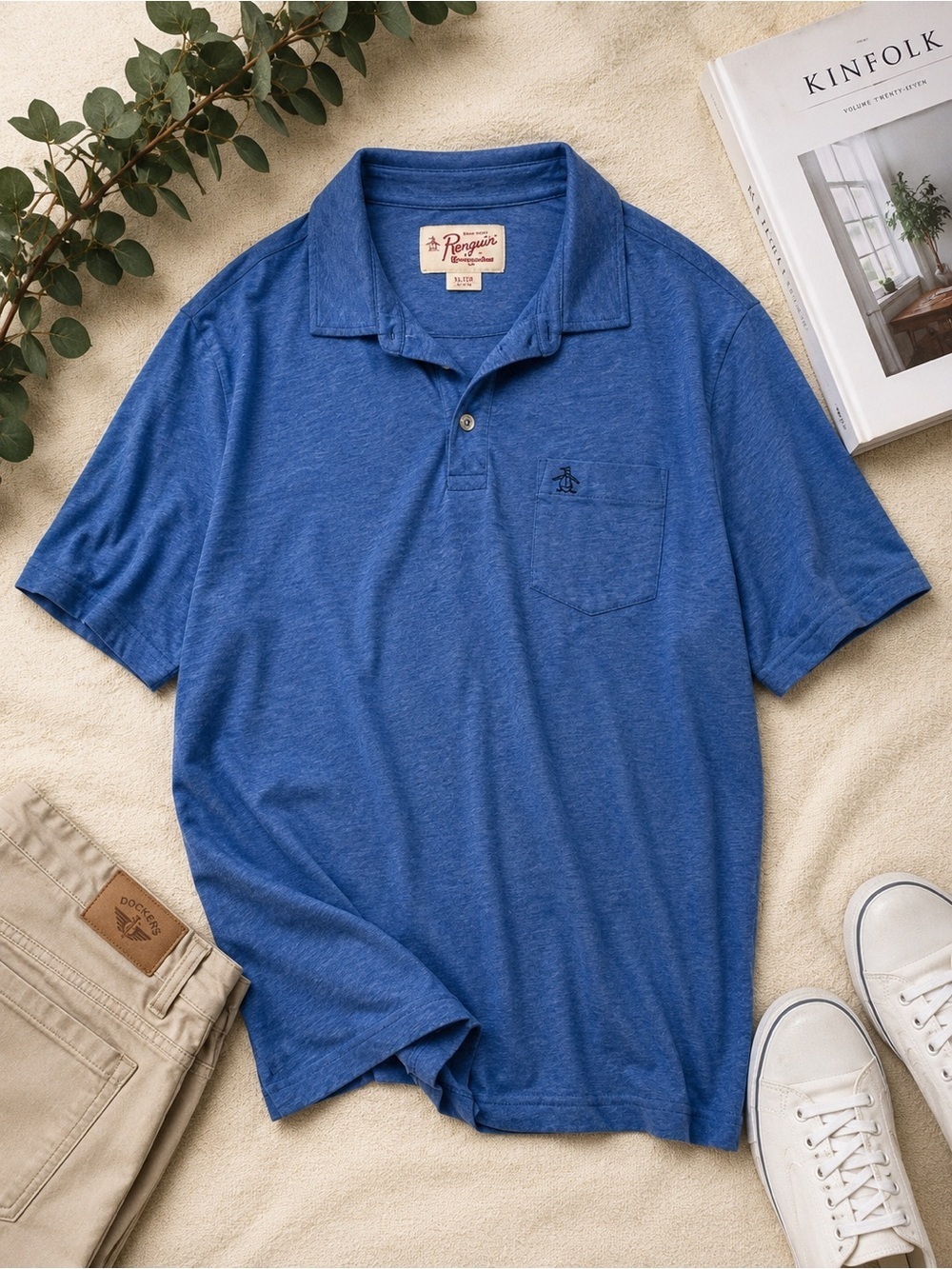 Original Penguin Men’s Heather Blue Polo Shirt Pocket Logo Short Sleeve Size XL